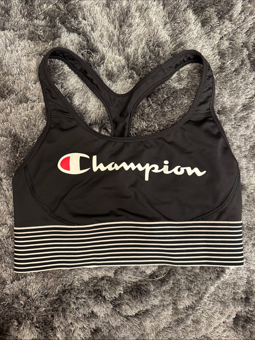 Champion Black Sports Bra with White Logo and Striped Band